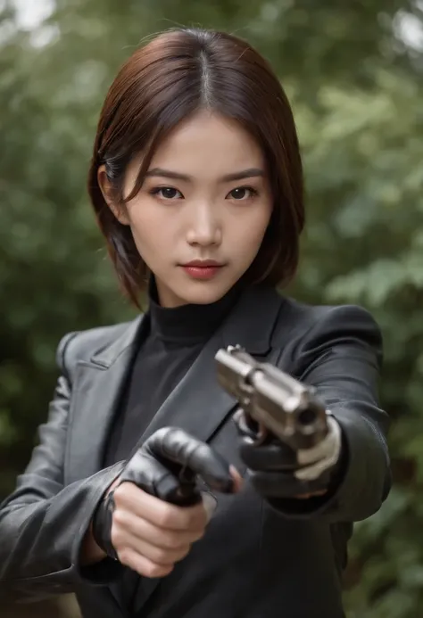 A Japanese girl in a black suit holding a gun with both hands with black leather gloves