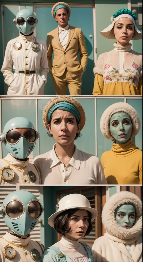 8k portrait of a 1960s science fiction film by Wes Anderson, em 1960, pastels colors, There are people wearing weird futuristic masks and wearing extravagant retro fashion outfits and men and women wearing alien makeup and old ornaments with mechanical pet...