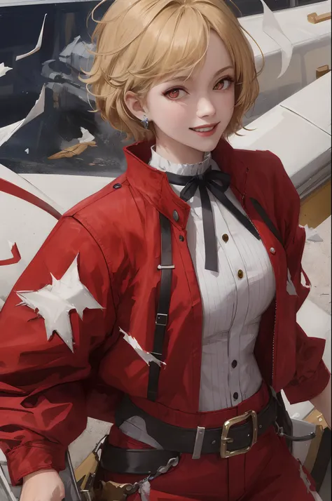 High quality, Best quality, Masterpiece, absurderes, Red_Jacket, ribbon, Red_Eyes, blond_Hair, short_Hair, Hair_ribbon, Smile, 1girll, Torn clothes, Pieces of cloth,