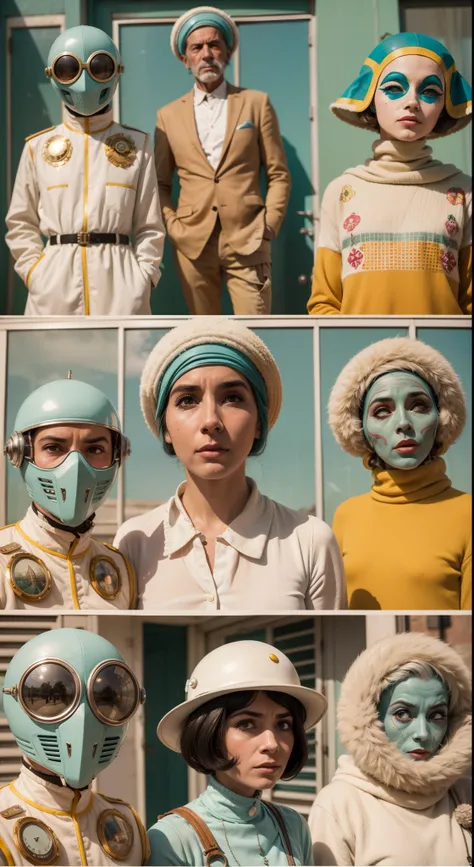 8k portrait of a 1960s science fiction film by Wes Anderson, em 1960, pastels colors, There are people wearing weird futuristic masks and wearing extravagant retro fashion outfits and men and women wearing alien makeup and old ornaments with mechanical pet...