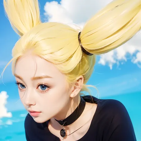 Real life adaption of this character, beauty face,realistic outfit,detailed eyes,realistic yellow hair,realistic background,hyper realistic,realism,realistic light, realistic shadow,(photorealistic:1.2), looking to viewer,