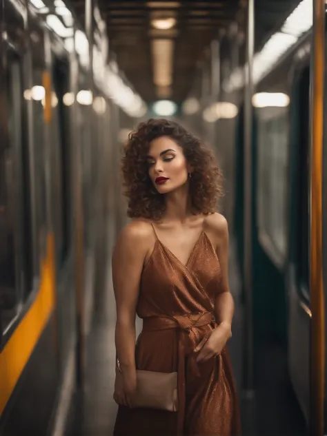 beautiful woman,long legs,stylish outfit,confident posture,glamorous makeup,subway train,morning rush hour,crowded platform,brightly lit station,modern architecture,reflective surfaces,metallic accents,polished floors,contemporary design,high ceilings,mode...