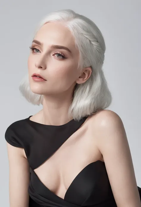 A close up of a woman sitting on a chair wearing a large black dress, covers all body, white skin, white hair, black background, elegant, high quality, realistic, 8k