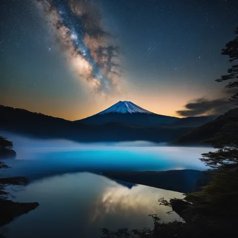 Master Parts、Superior Quality、superior image quality、The 8k quality、、Beautiful pictures of the starry sky、magnifica、Arched Milky Way:1.9、Mt fuji、Blue glowing lake surface