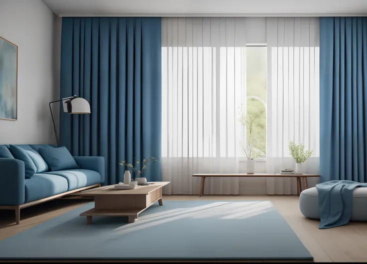 cozy room, thick curtains, large curtain, photo, blue curtains, interior, modern, (angled), (masterpiece),(high quality), best quality, real, (realistic), super detailed, (full detail),(4k),8k