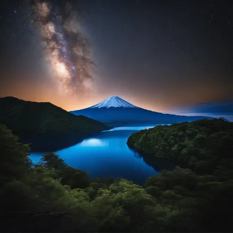 Master Parts、Superior Quality、superior image quality、The 8k quality、、Beautiful pictures of the starry sky、magnifica、Arched Milky Way:1.9、Mt fuji、Blue glowing lake surface