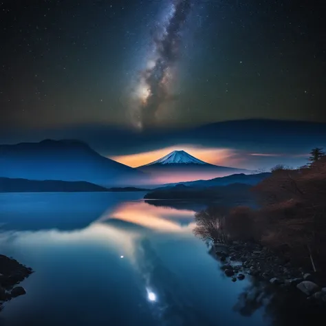 Master Parts、Superior Quality、superior image quality、The 8k quality、、Beautiful pictures of the starry sky、magnifica、Arched Milky Way:1.9、Mt fuji、Blue surface of the lake