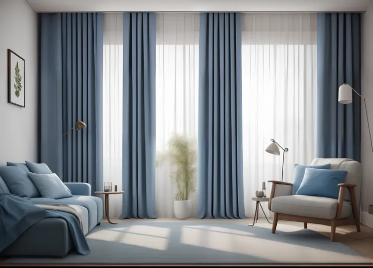 cozy room, thick curtains, large curtain, photo, blue curtains, interior, modern, (angled), (masterpiece),(high quality), best q...