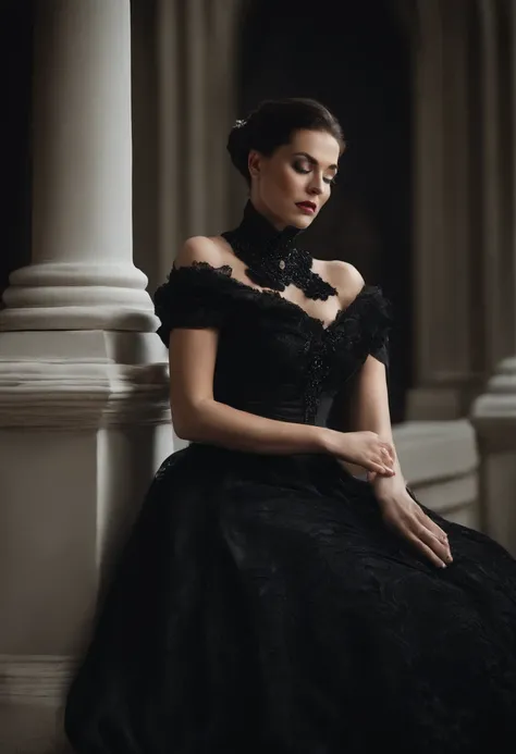 A close up of a woman sitting wearing a very large black dress covering all her body, snow white skin, white background