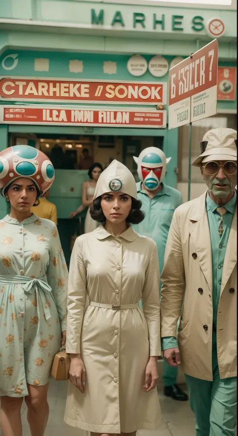 8k portrait of a 1960s science fiction film by Wes Anderson, em 1960, pastels colors, There are people wearing weird futuristic masks and wearing extravagant retro fashion outfits and men and women wearing alien makeup and old ornaments with mechanical pet...