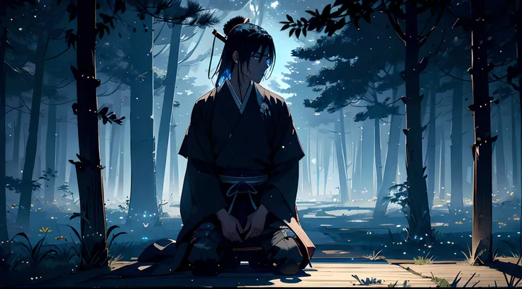 1Male samurai,late at night,ghost,weeds emitting blue light,equinox flower,firefly,a dim atmosphere,(and its rich details:1.3),strong contrast,hard shadow,smoke,strong breeze,petal,particle,mourning for a dead,kneeling down, Japanese samurai armor,ancient ...