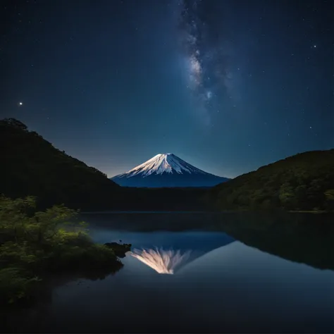 Master Parts、Superior Quality、superior image quality、The 8k quality、、Beautiful pictures of the starry sky、magnifica、Arched Milky Way:1.9、Mt fuji、Blue surface of the lake