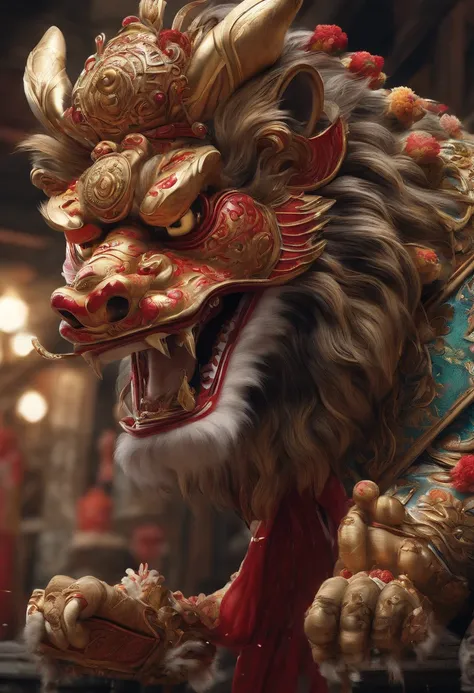 China-style，Lion dance girl，highly detailed surreal vfx，Smudge，Faraway view，super-fine，ultra - detailed，high qulity，8K ，oc rendered，dynamic viewing angle