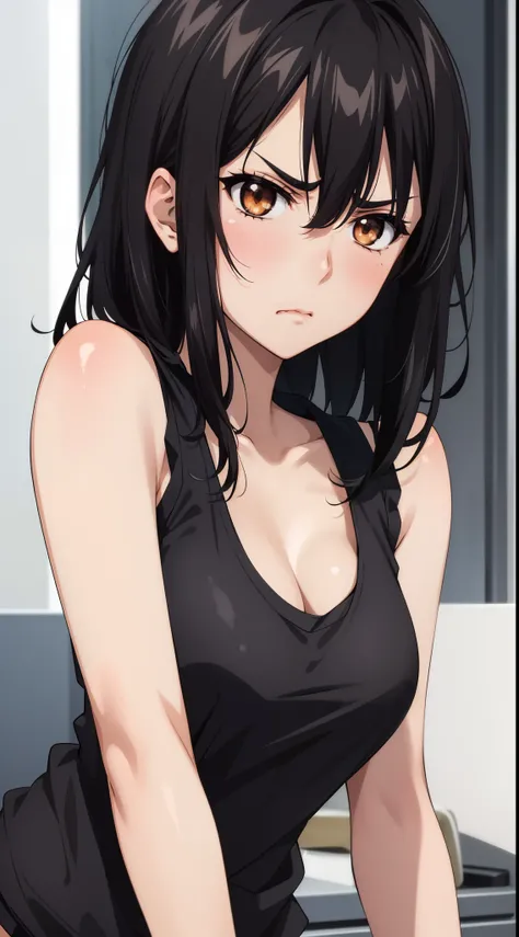 masterpiece, best quality, 1 girl, himeragi yukina, brown eyes, black hair, hair between eyes, medium hair, medium breasts, (healthy skin),  bare shoulders, ((upper body)), (((black tank top))), (((disgust, disdain))),  sleeveless, naval