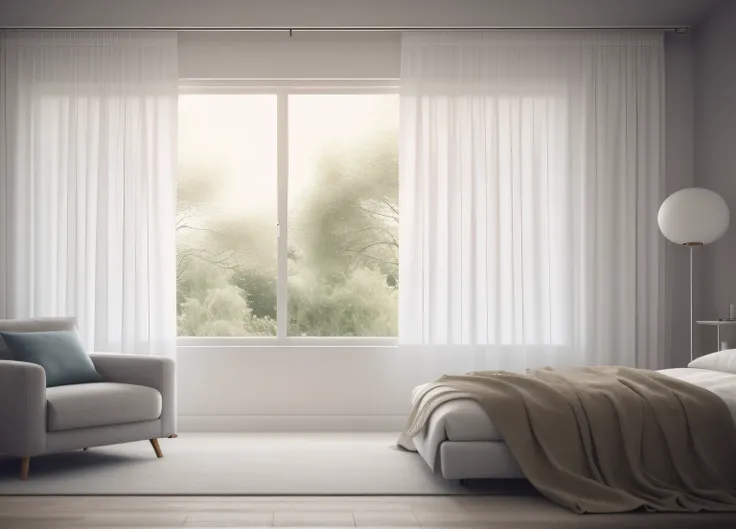 cozy room, sheer curtains, white, photo, wind, interior, modern, (angled), (masterpiece),(high quality), best quality, real, (realistic), super detailed, (full detail),(4k),8k