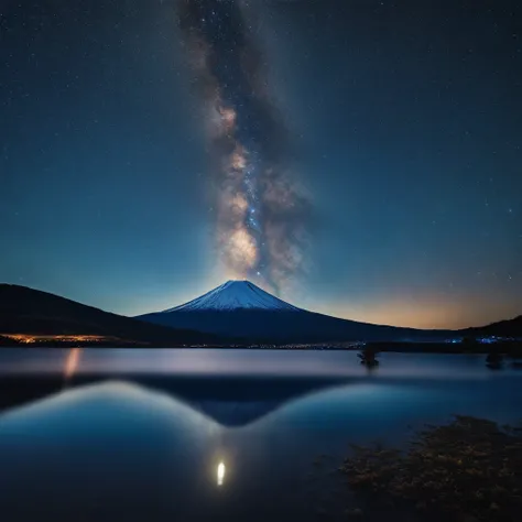 Master Parts、Superior Quality、superior image quality、The 8k quality、、Beautiful pictures of the starry sky、magnifica、Arched Milky Way:1.9、Mt fuji、Blue surface of the lake