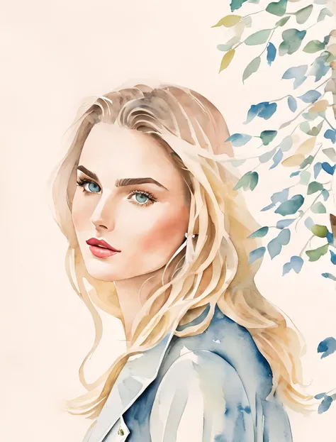 Kelly smith watercolor art Blonde Woman thin hair, french bob, gray blue eyes, beautiful eyes, red lipstick, andreea diaconu, face profile, peach beige dress, jacket, windy, green tree, summer, fantasy, artistic brushstrokes