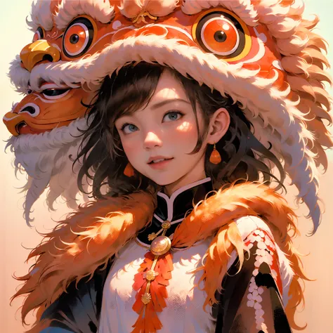 超高分辨率, 独奏, Blushlush, lion dance, Chinese lion, 1womanl，tmasterpiece, best qualtiy, Extremely detailed CG unified 8K wallpapers, illustratio, ultra - detailed, Bushy hair, white mane, largeeyes, toucan, buck teeth, Turn around and look at the audience, Oji...