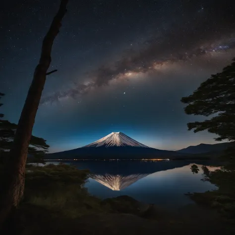 Master Parts、Superior Quality、superior image quality、The 8k quality、、Beautiful pictures of the starry sky、magnifica、Arched Milky Way:1.9、Mt fuji、lake