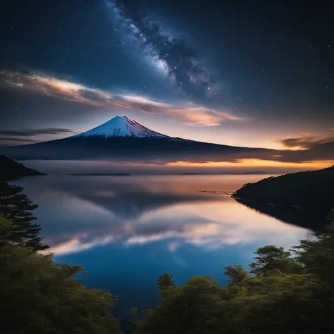 Master Parts、Superior Quality、superior image quality、The 8k quality、、Beautiful pictures of the starry sky、magnifica、Arched Milky Way:1.9、Mt fuji、Blue surface of the lake