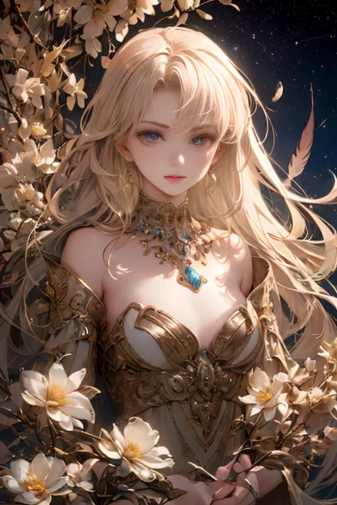 (Beautiful and majestic space,Island of the magnificent moon sea),(Intense and dramatic imagery,stunning visuals),(the hanging North Star,the colorful natural light) girl with，tiny chest，off shoulders，Golden hair，Colored feathers，metal ornaments，colorful f...