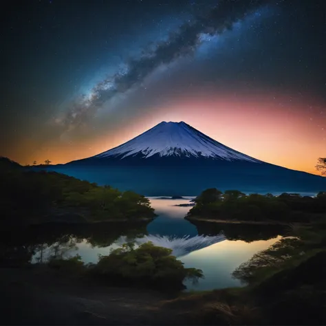 Master Parts、Superior Quality、superior image quality、The 8k quality、、Beautiful pictures of the starry sky、magnifica、Arched Milky Way:1.9、Mt fuji、lake