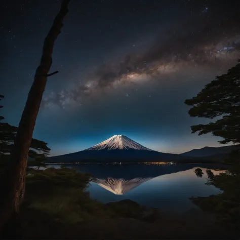 Master Parts、Superior Quality、superior image quality、The 8k quality、、Beautiful pictures of the starry sky、magnifica、Arched Milky Way:1.9、Mt fuji、lake