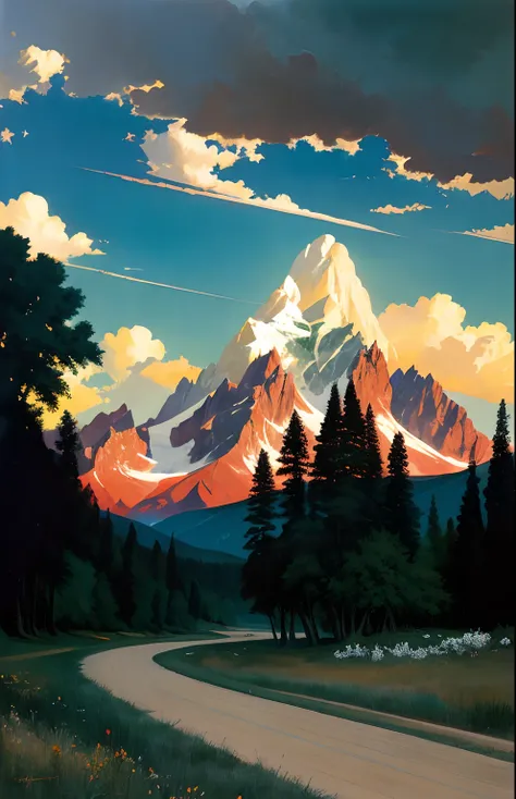 painting by sargent and rhads and leyendecker and greg hildebrandt evening sky, low thunder clouds foothpath with trees at indian summer with zugspitze fitz roy in background, colours green, red, blue black and white, acuarela