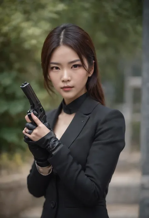 A Japanese girl in a black suit holding a gun with both hands with black leather gloves