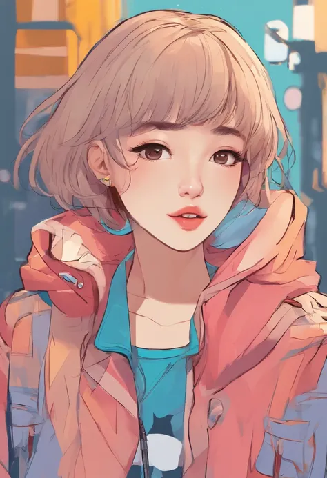 Super beautiful 20 year old Korean short hair girl,Blink in the right eye, Cartoon style illustration, Cartoon Art Style, Cartoon Art Style, Digital illustration style, Highly detailed character design, Cute detailed digital art, Beautiful digital illustra...