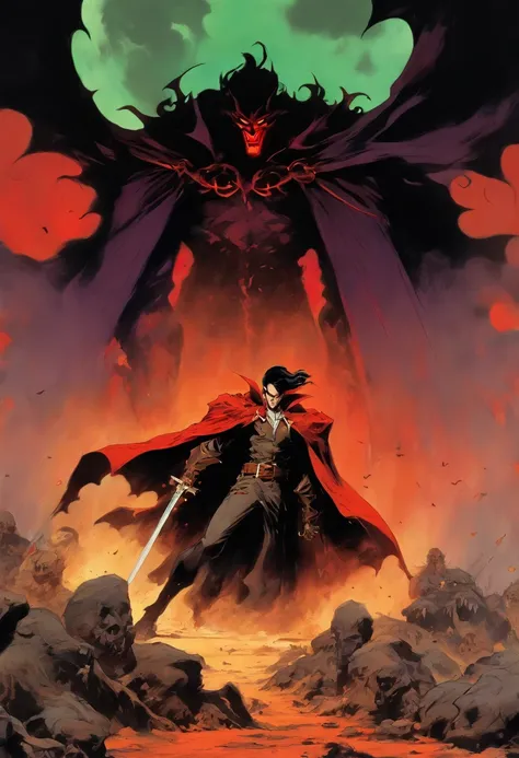 Dracula wielding a sword on a battlefield, in the style of frank frazetta, marvel comics, mind-bending illusions, comiccore, flawless line work, made of mist, wild and daring, shot on 70mm, dark gold and red, detailed costumes, chiaroscuro mastery, creepyp...