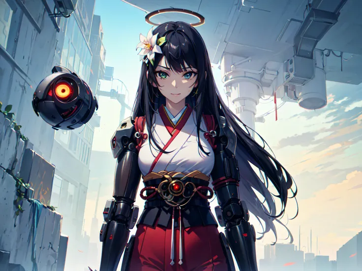 (masterpiece, best quaility:1.2), mature female, tsurime, (kimono), (cyborg, artificial eye, mechanical arms, mechanical halo:1.2), drone, cyberpunk, hair ornament, solo, 1girl, very long hair, closed mouth, flower, looking at viewer, black hair, smirk, ha...