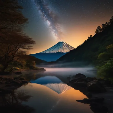 Master Parts、Superior Quality、superior image quality、The 8k quality、、Beautiful pictures of the starry sky、magnifica、Arched Milky Way:1.9、Mt fuji、lake、teepee