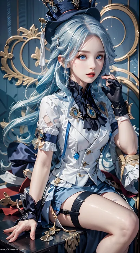 photography awards, masterpiece, blue hair, blue eyes, photorealistic, high resolution, soft light, brooch, waist bow, short shorts, blue suit, multicolored hair, white gloves, black gloves, white shirt, open clothes, water, underwater, ocean, single skirt...