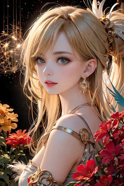 (Beautiful and majestic space,Island of the magnificent moon sea),(Intense and dramatic imagery,stunning visuals),(the hanging North Star,the colorful natural light) girl with，tiny chest，off shoulders，Golden hair，Colored feathers，metal ornaments，colorful f...