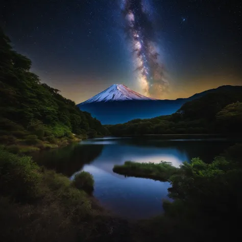 Master Parts、Superior Quality、superior image quality、The 8k quality、、Beautiful pictures of the starry sky、magnifica、Arched Milky Way:1.9、Mt fuji、lake、valley