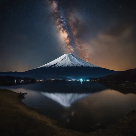 Master Parts、Superior Quality、superior image quality、The 8k quality、、Beautiful pictures of the starry sky、magnifica、Arched Milky Way:1.9、Mt fuji、lake、valley