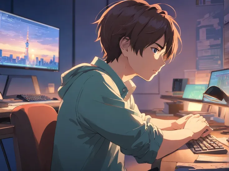 (japanes:1.2),Detailed view of man in smart casual, Typing on a computer on a desk,Beautiful celebrity room, .Motivated face