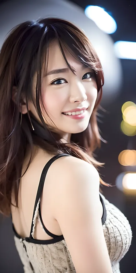 1girl, Tokyo street,night, cityscape,city lights,upper body,close-up,smile,, (8k, RAW photo, best quality, masterpiece:1.2),(realistic, photo-realistic:1.37),