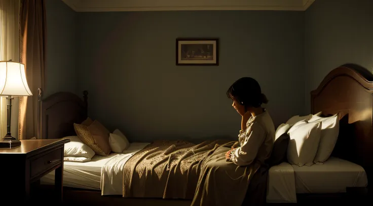 A girl sits in bed upset, midnight, a messy hotel room, darkness around, 1927