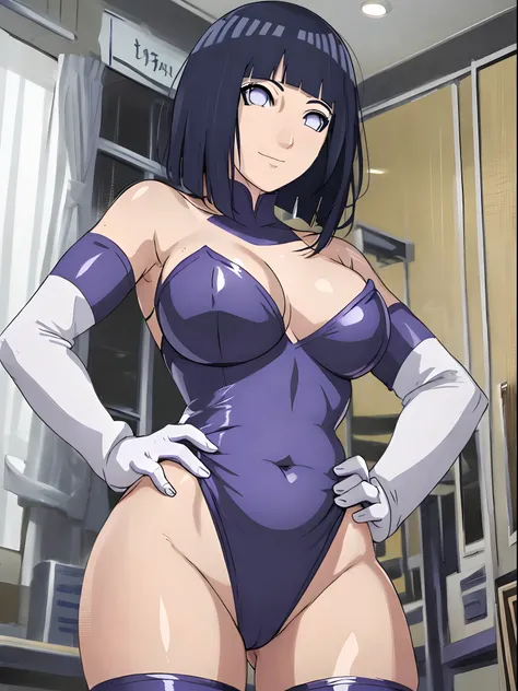 (ultra detailed body, ultra detailed face), ((solo, 1 girl)), anime style, hires, ((wrestling stage, (children watching))), (hinata(boruto), (female wrestler), (slender body, broad shoulders), mature woman, milf, (leotard with open belly button area, ultra...