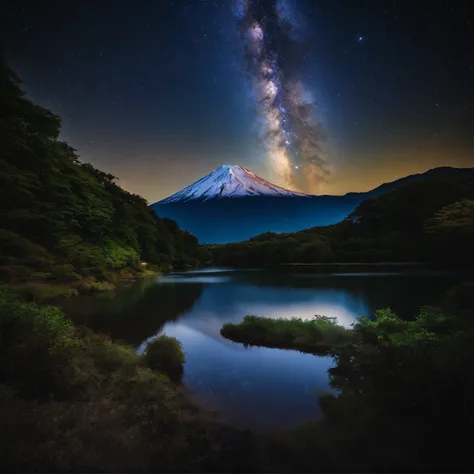 Master Parts、Superior Quality、superior image quality、The 8k quality、、Beautiful pictures of the starry sky、magnifica、Arched Milky Way:1.9、Mt fuji、lake、valley