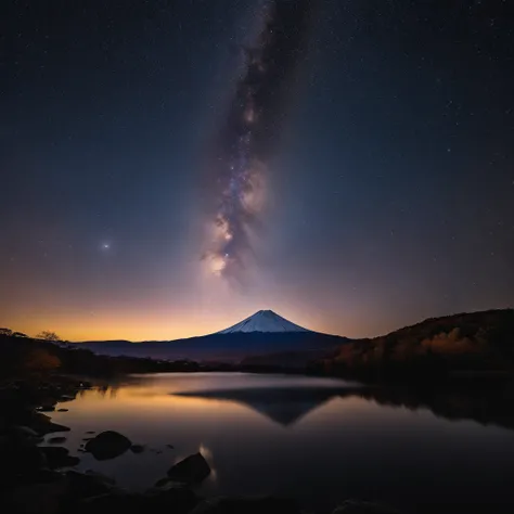 Master Parts、Superior Quality、superior image quality、The 8k quality、、Beautiful pictures of the starry sky、magnifica、Arched Milky Way:1.9、Mt fuji、lake、Valley