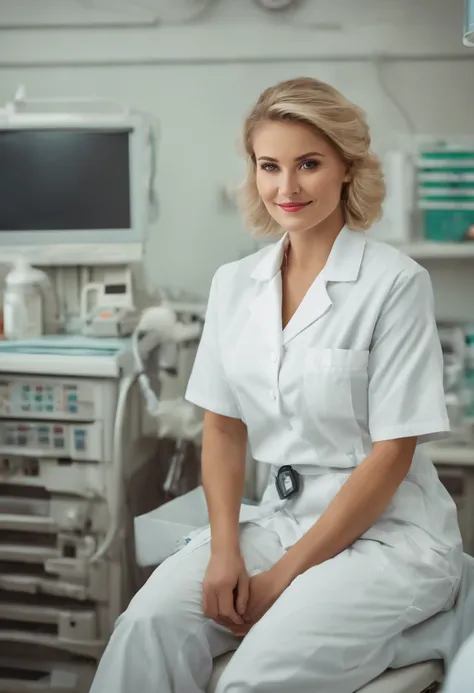 (masterpiece, best quality:1.4), photo, hd, 25 years old woman, blond short hair, beautiful nurse in her hospital, instruments, white work clothes, hospital intensiv station in the background, watching viewer, smile, analog film