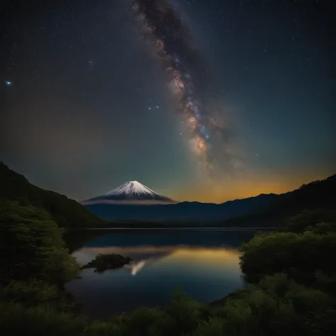 Master Parts、Superior Quality、superior image quality、The 8k quality、、Beautiful pictures of the starry sky、magnifica、Arched Milky Way:1.9、Mt fuji、lake、Valley