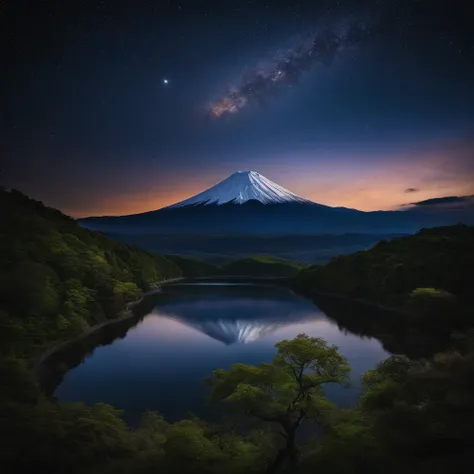 Master Parts、Superior Quality、superior image quality、The 8k quality、、Beautiful pictures of the starry sky、magnifica、Arched Milky Way:1.9、Mt fuji、lake、Valley