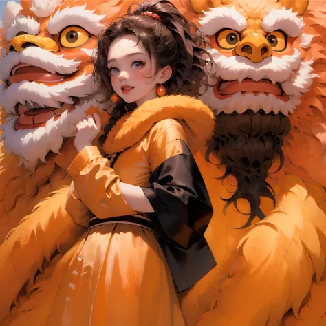 超高分辨率, 独奏, Blushlush, lion dance, Chinese lion, 1womanl，tmasterpiece, best qualtiy, Extremely detailed CG unified 8K wallpapers, illustratio, ultra - detailed, Bushy hair, white mane, largeeyes, toucan, buck teeth, Turn around and look at the audience, Oji...