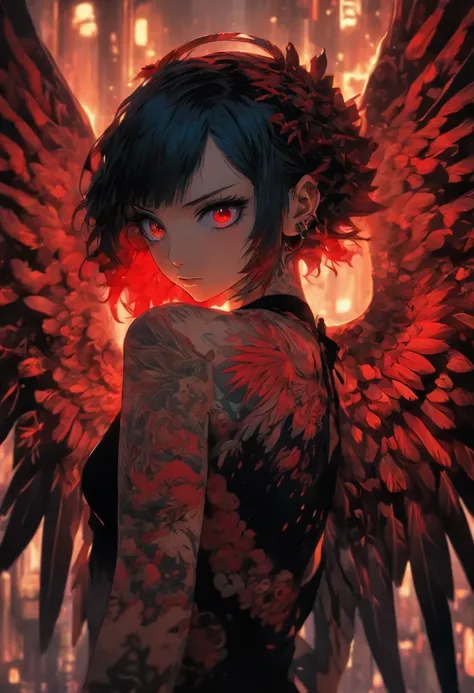 a girl with wings and a red tattoo, in the style of dark black and light black, anime art, 32k uhd, gothic grotesque figures, multilayered dimensions, heistcore, pigeoncore