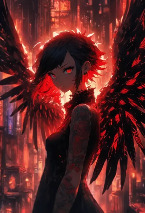 a girl with wings and a red tattoo, in the style of dark black and light black, anime art, 32k uhd, gothic grotesque figures, multilayered dimensions, heistcore, pigeoncore