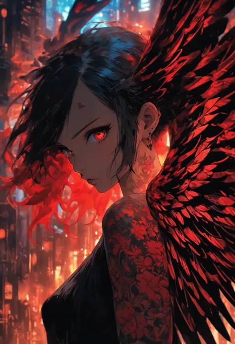 a girl with wings and a red tattoo, in the style of dark black and light black, anime art, 32k uhd, gothic grotesque figures, multilayered dimensions, heistcore, pigeoncore